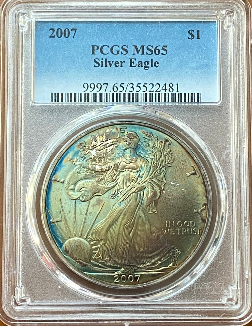 2007 American Silver Eagle MS-65 PCGS Rainbow Toned