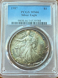 1987 American Silver Eagle MS-66 PCGS Rainbow Toned