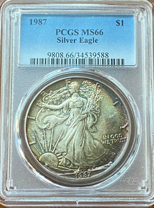 1987 American Silver Eagle MS-66 PCGS Rainbow Toned